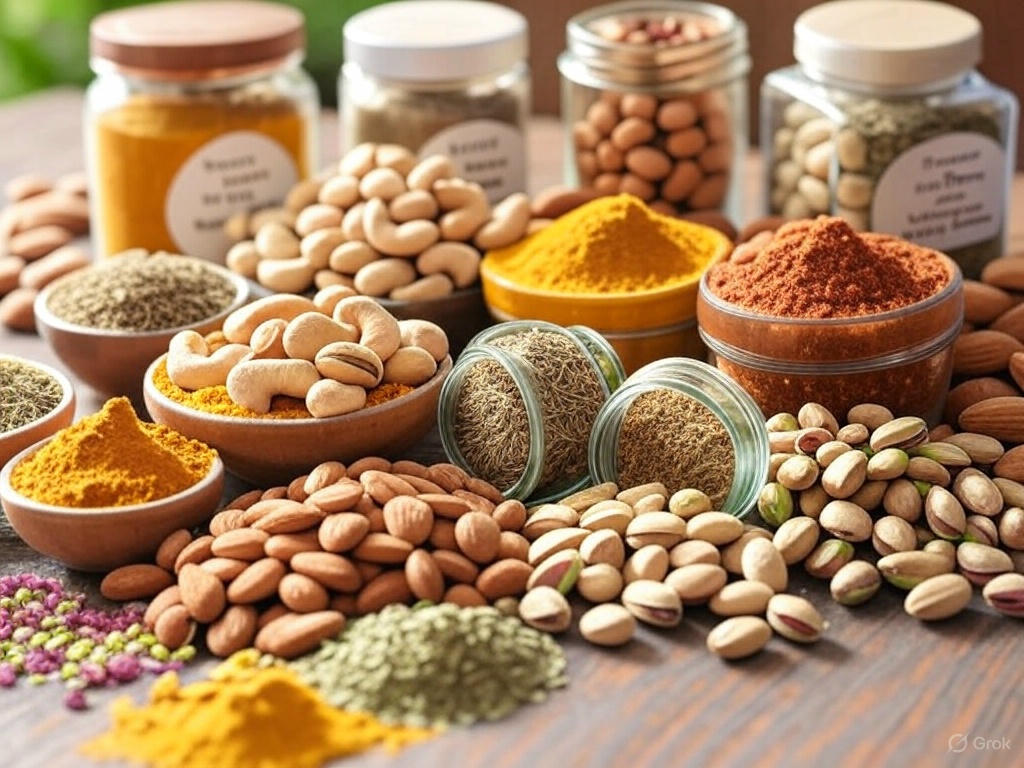 Variety of colorful Indian spices and premium nuts from AMC Traders